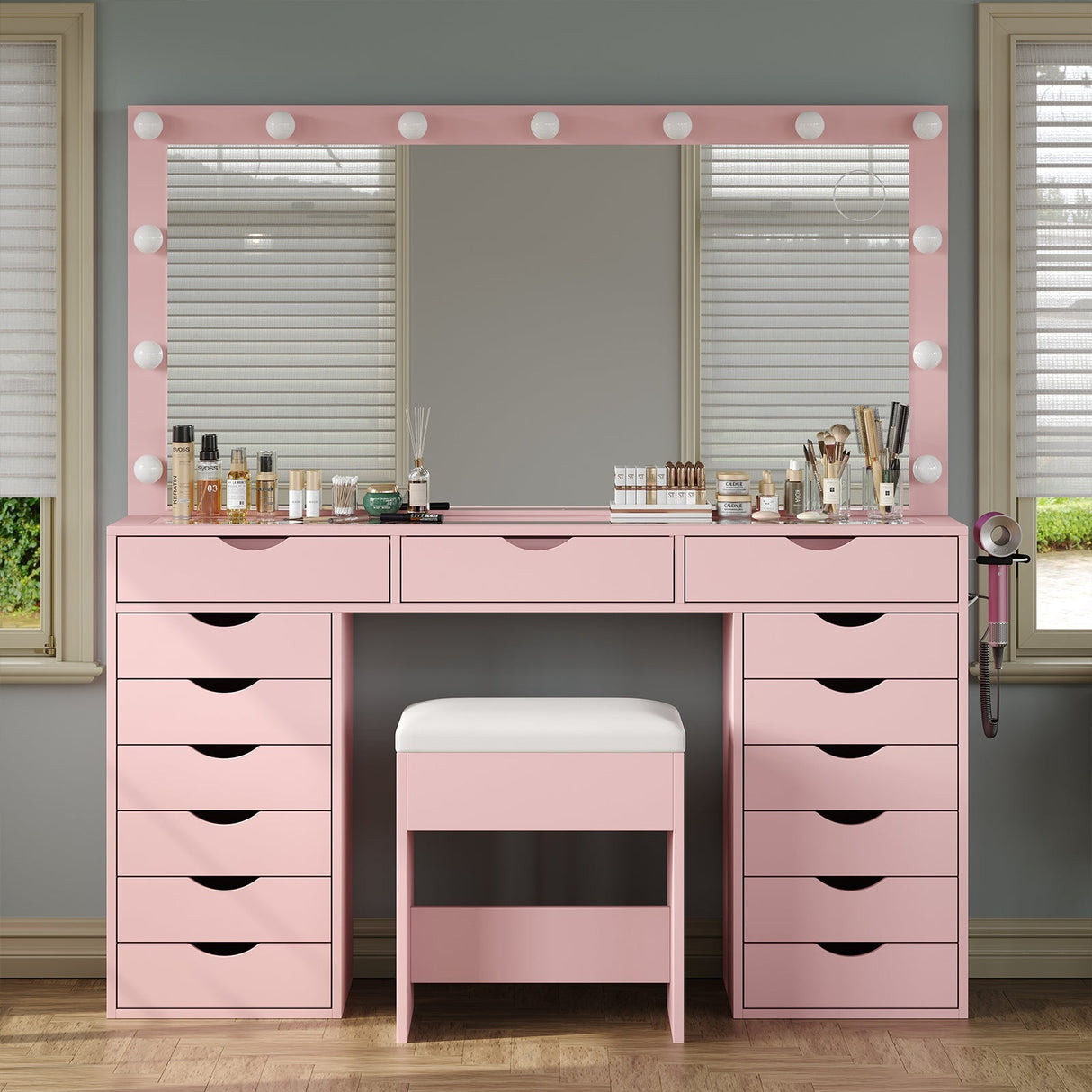 Yanosaku VD008 Bedroom Makeup Vanity desk with LED Mirro, 15 Drawers