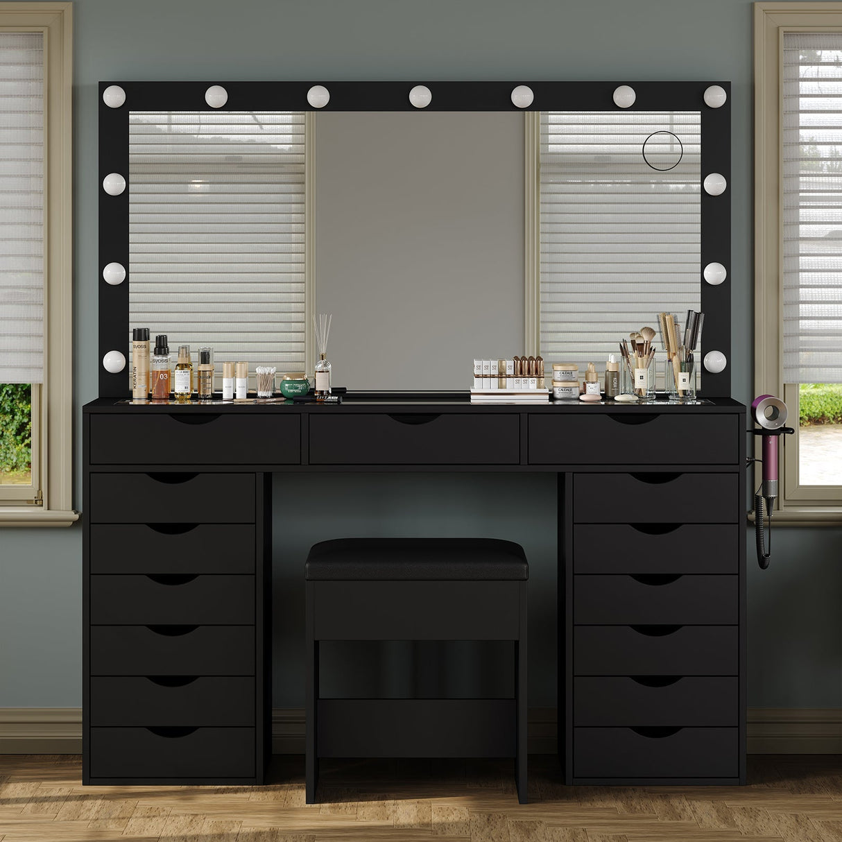 Yanosaku VD008 Bedroom Makeup Vanity desk with LED Mirro, 15 Drawers