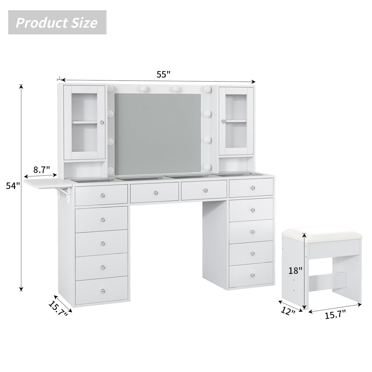 Yanosaku VD012 Bedroom Makeup Vanity desk with LED Mirror, 12 Drawers
