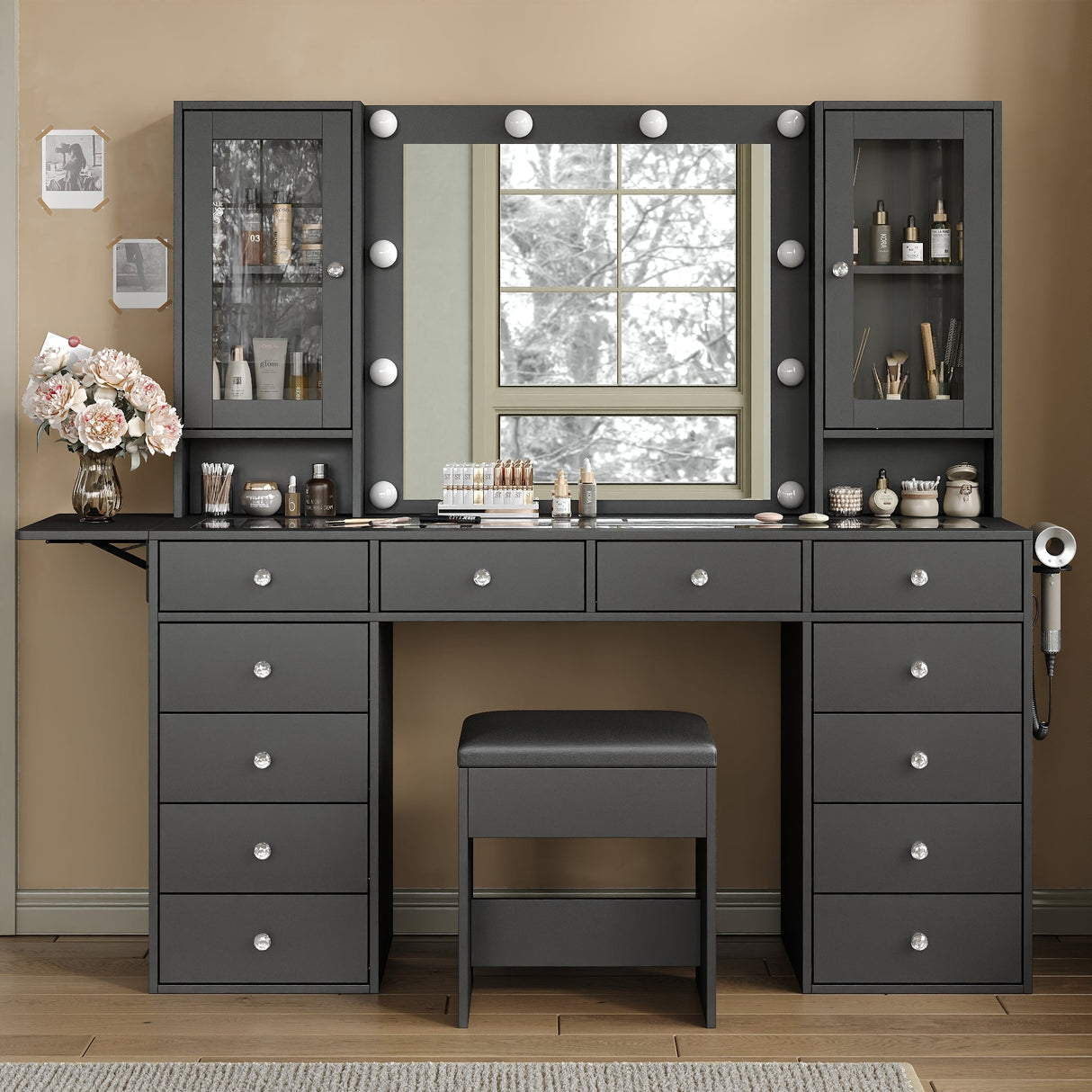 Yanosaku VD012 Bedroom Makeup Vanity desk with LED Mirror, 12 Drawers