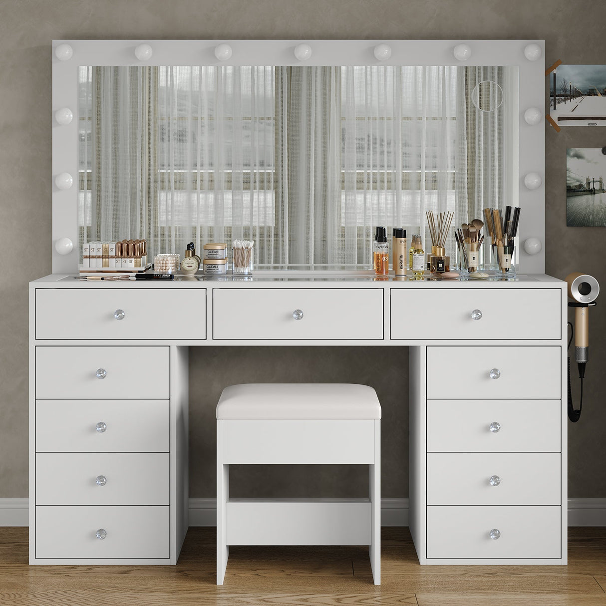 Yanosaku VD015 Bedroom Makeup Vanity desk with LED Mirror, 11 Drawers