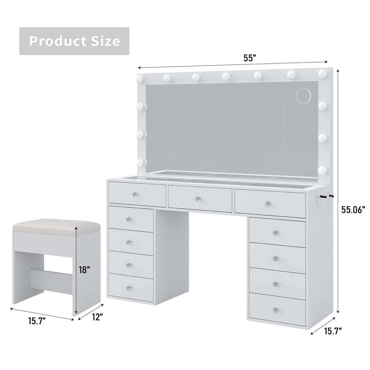 Yanosaku VD015 Bedroom Makeup Vanity desk with LED Mirror, 11 Drawers