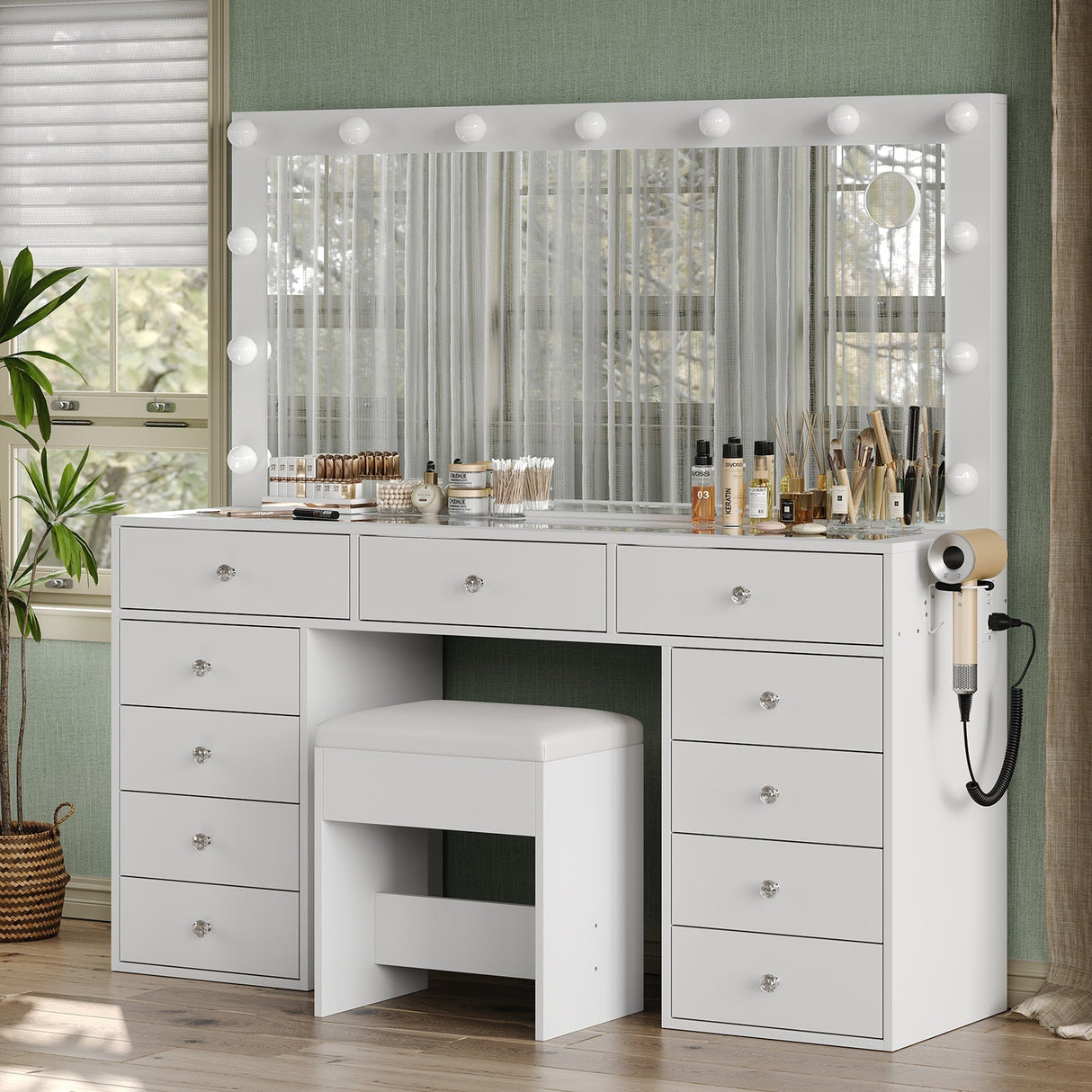 Yanosaku VD015 Bedroom Makeup Vanity desk with LED Mirror, 11 Drawers
