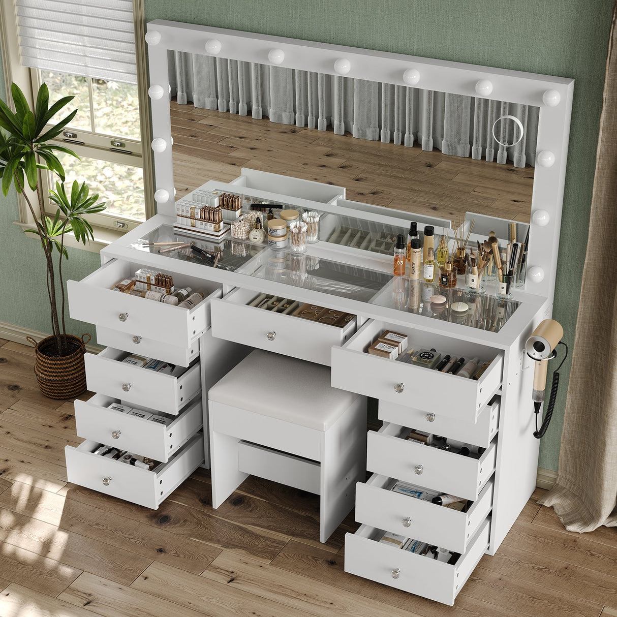 Yanosaku VD015 Bedroom Makeup Vanity desk with LED Mirror, 11 Drawers