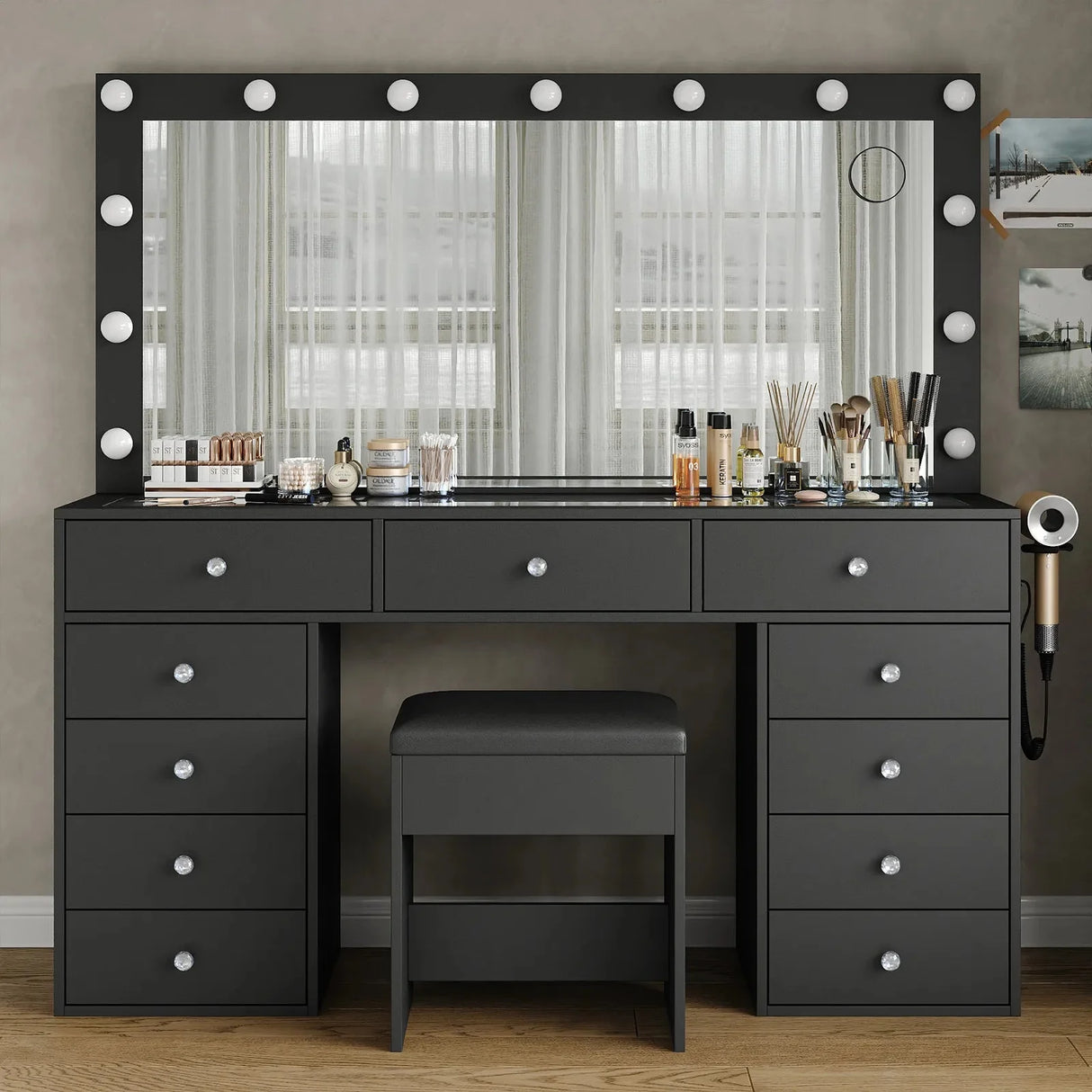 Yanosaku VD015 Bedroom Makeup Vanity desk with LED Mirror, 11 Drawers