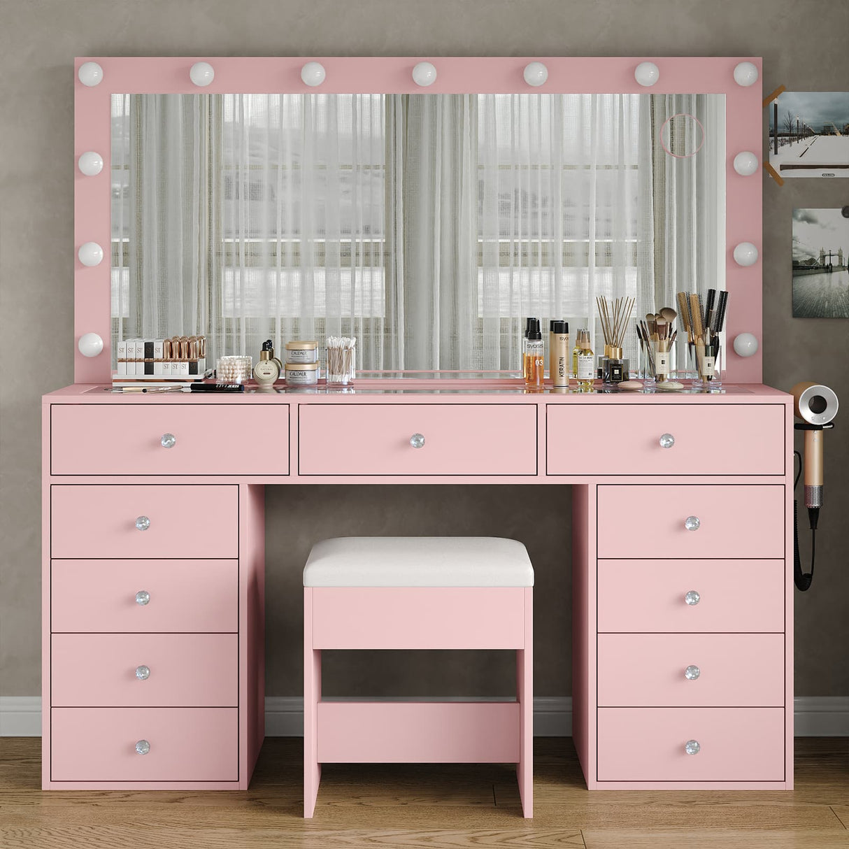 Yanosaku VD015 Bedroom Makeup Vanity desk with LED Mirror, 11 Drawers
