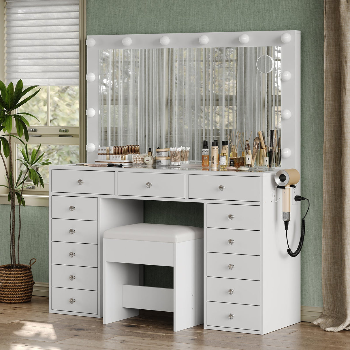 Yanosaku VD018 Bedroom Makeup Vanity desk with LED Mirror, 13 Drawers