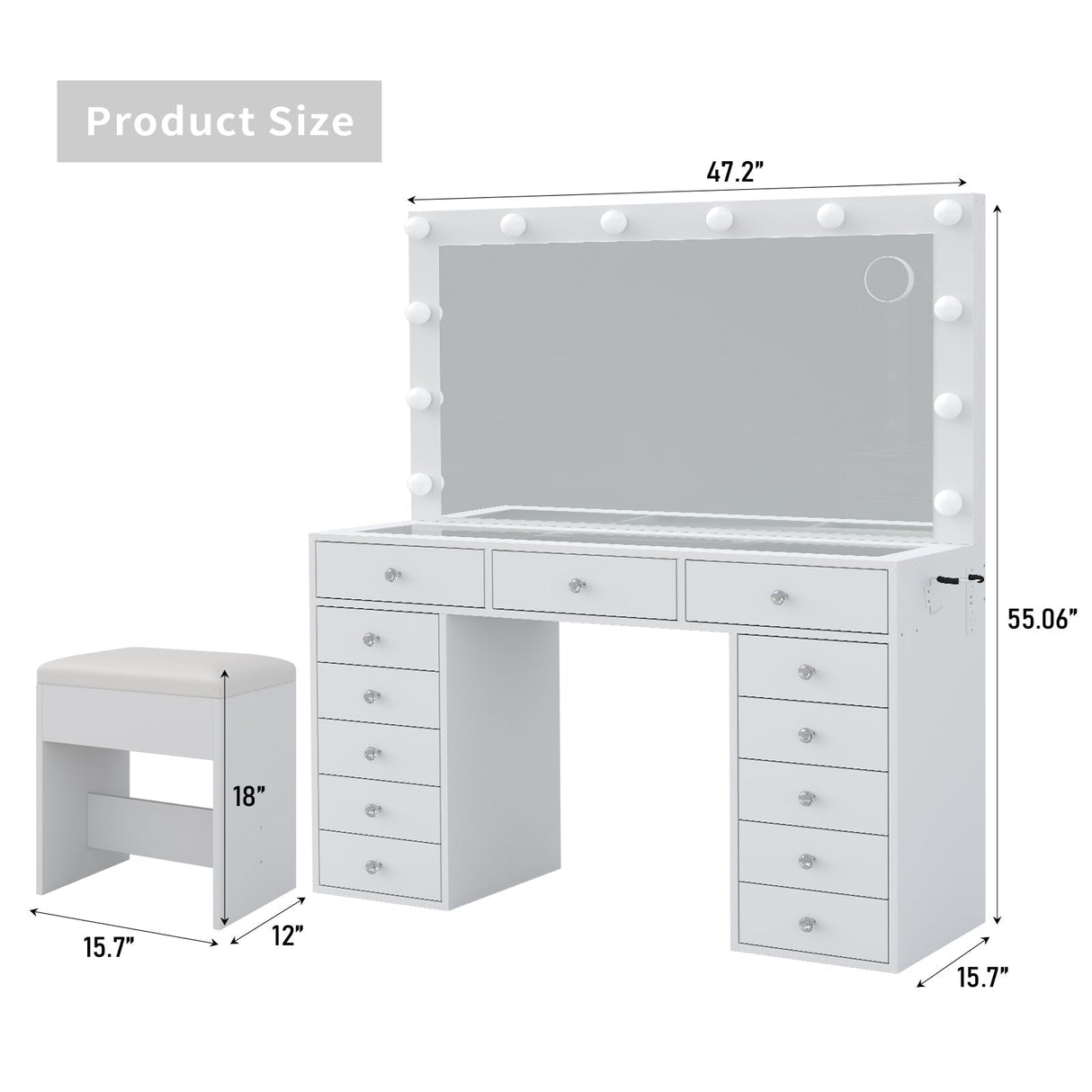 Yanosaku VD018 Bedroom Makeup Vanity desk with LED Mirror, 13 Drawers
