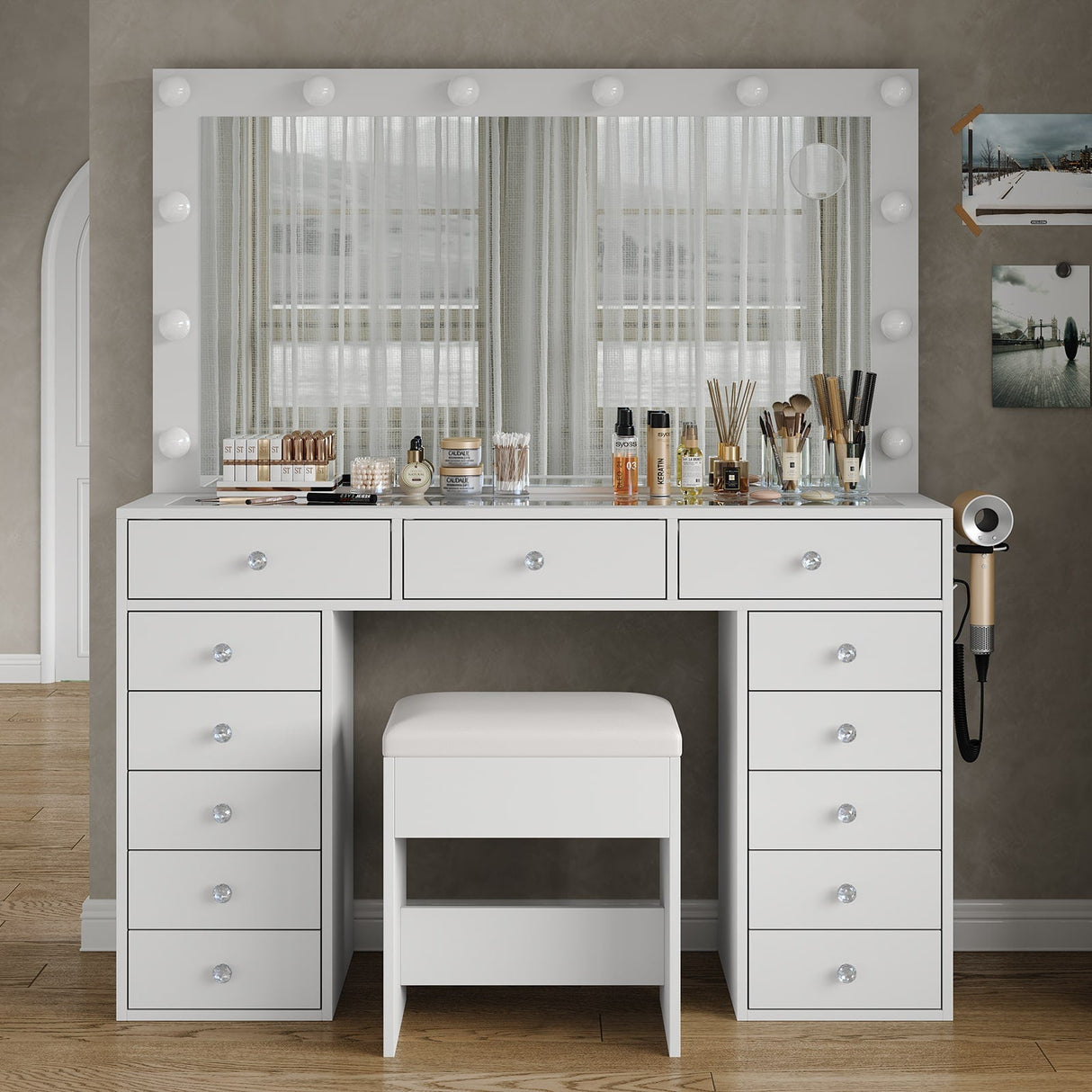 Yanosaku VD018 Bedroom Makeup Vanity desk with LED Mirror, 13 Drawers