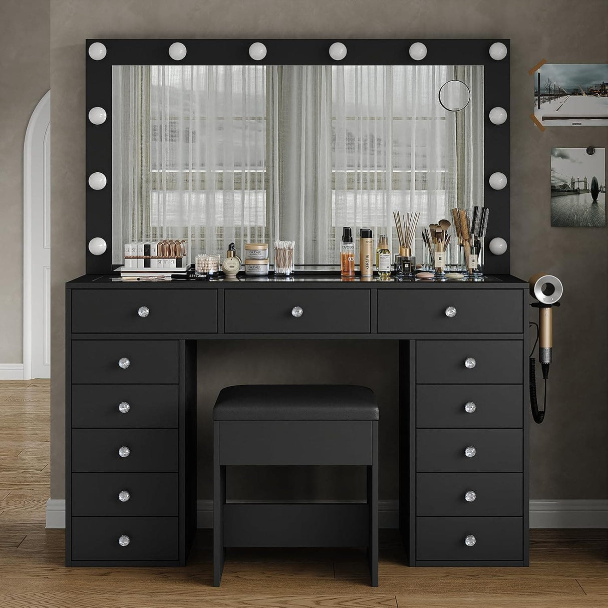 Yanosaku VD018 Bedroom Makeup Vanity desk with LED Mirror, 13 Drawers