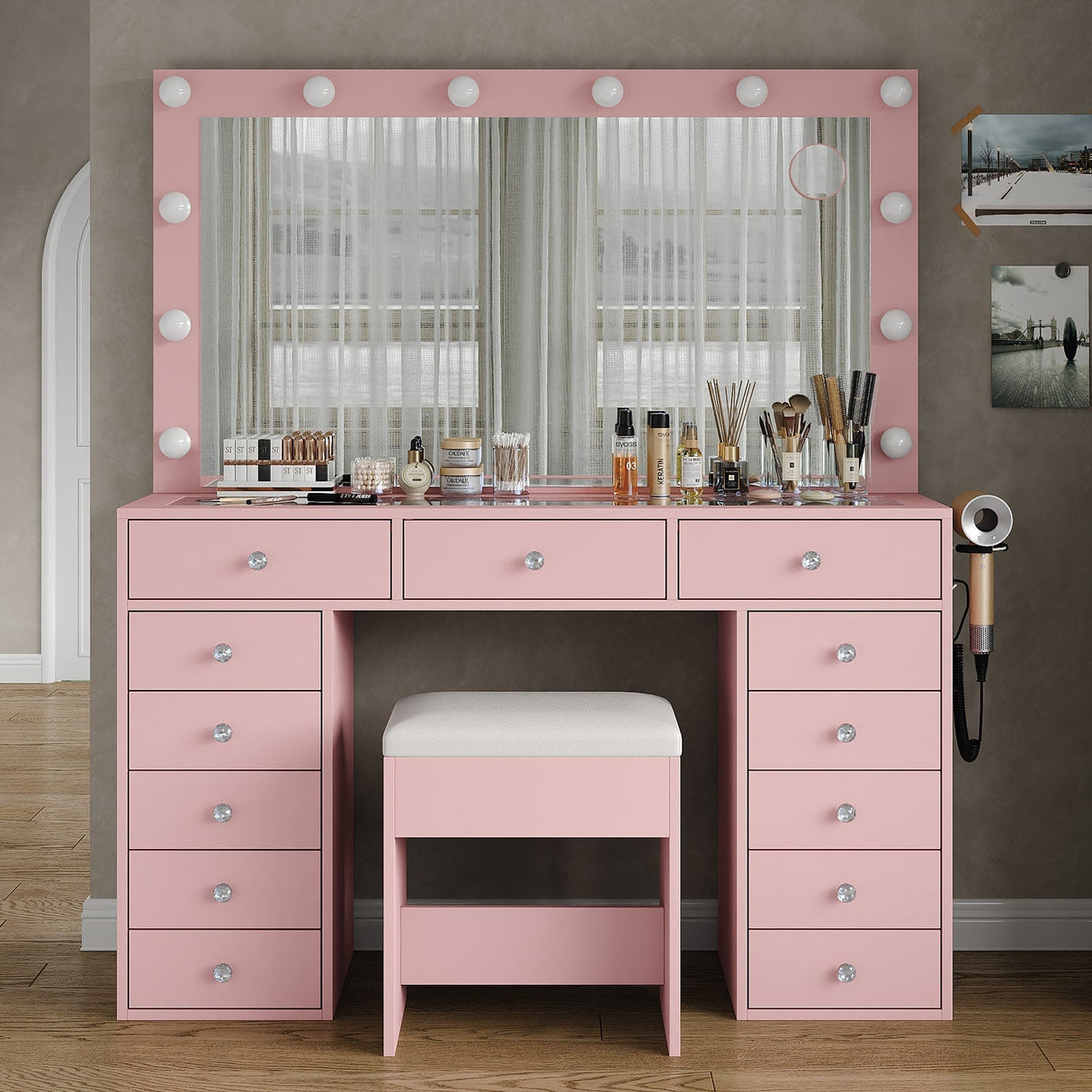 Yanosaku VD018 Bedroom Makeup Vanity desk with LED Mirror, 13 Drawers