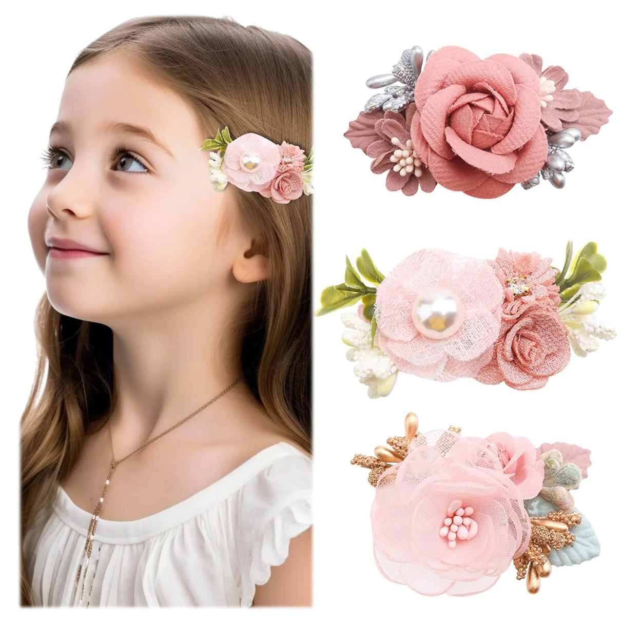 3pc Flower Hair Clip SetPink Flower Hair ClipFlower Hair Flower Clip with Rose Hair Clip & Fancy Hair Clips Floral Hair Accessories Hair Flowers for girls - Lootquake