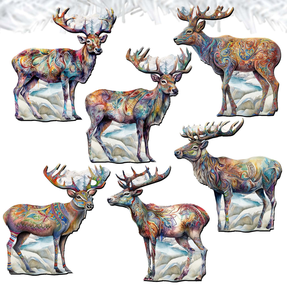 Iconic Caribou of Alaska Decorative Wooden Clip-on Ornaments Set of 6 by G. Debrekht - Wildlife Decor - 8090111C-S6