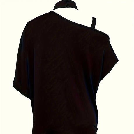 Ladies' Fashionable Slanted Shoulder Collar Printed T-shirt Top - Lootquake