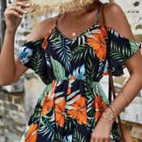 Ladies' Camisole, Off Shoulder, Hanging Pleats, Lotus Leaf Sleeves, Floral Tropical Print, Vacation Style Jumpsuit - Lootquake