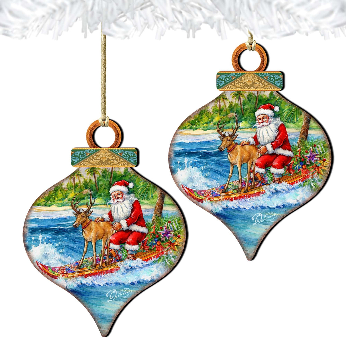 Coastal Christmas Decor - Surfing with Santa Wooden Ornaments by G.Debrekht Coastal Holiday Decor - 8688309