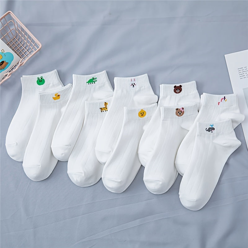 10 Pairs Cartoon Animal Print Socks, Cute & Breathable Short Socks, Women's Stockings & Hosiery