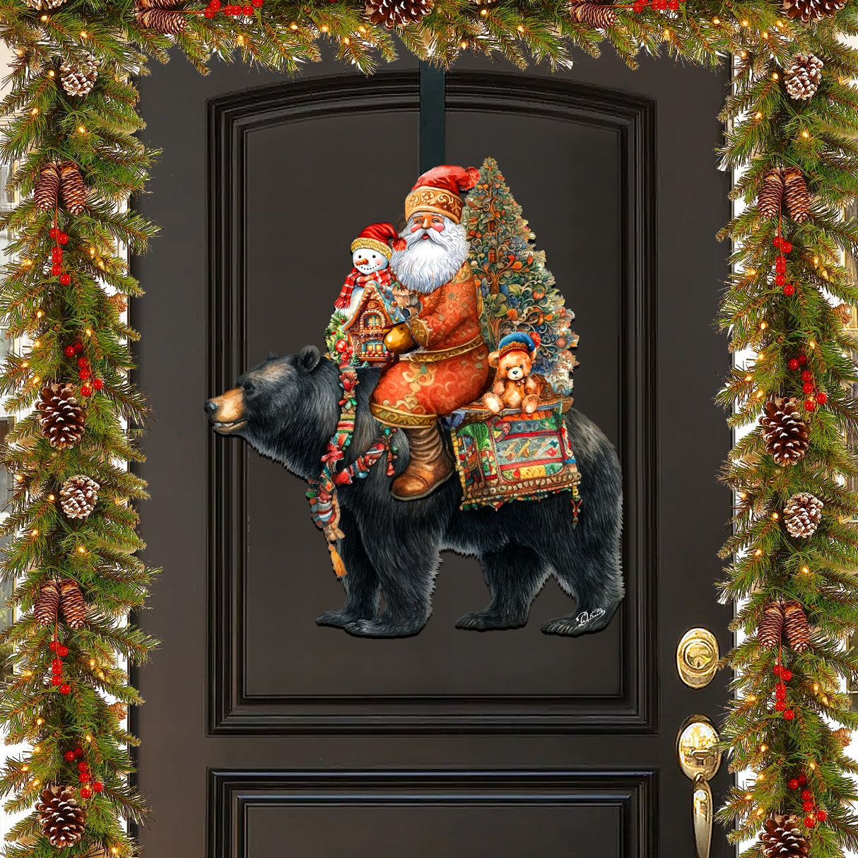 Decoración navideña para puerta con Papá Noel y su oso negro, de G. Debrekht - Decoración navideña con Papá Noel y muñeco de nieve - 8611064H