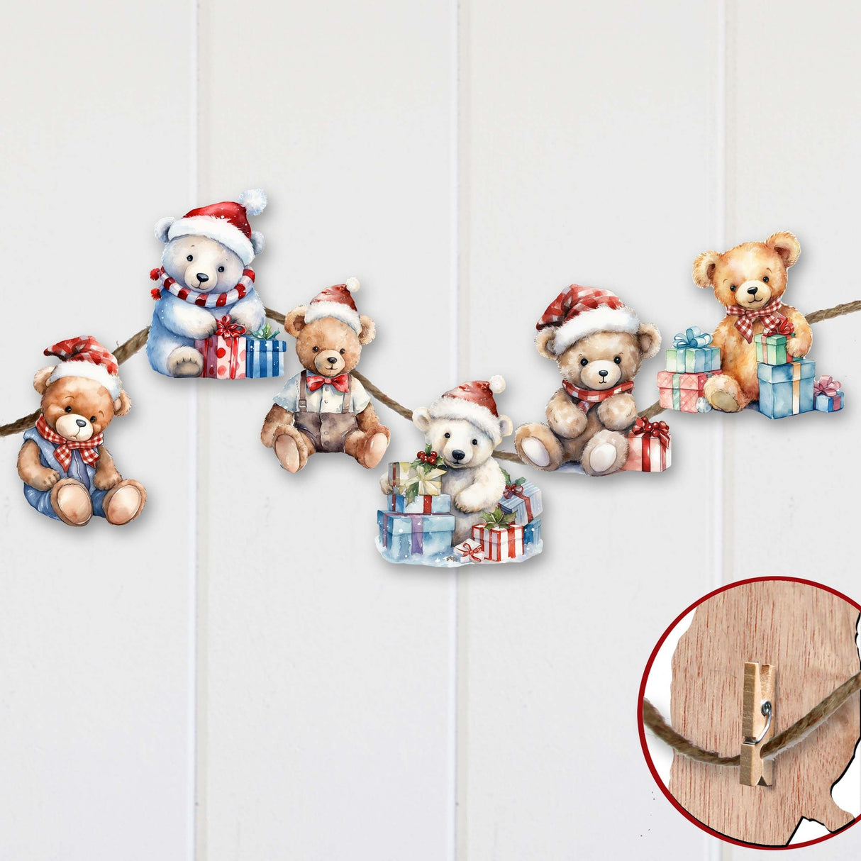 Christmas Teddy Bear Decorative Wooden Clip-on Ornaments of 6 by G. Debrekht - Christmas Decor - 8090011C-S6