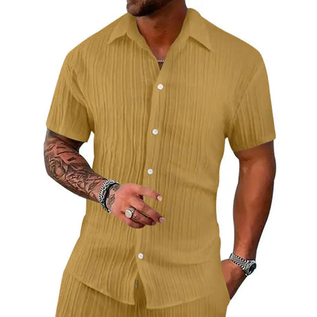 Polo Collar Solid Color Short Sleeve Button Men's Casual Loose Short Sleeves Shirt - Lootquake
