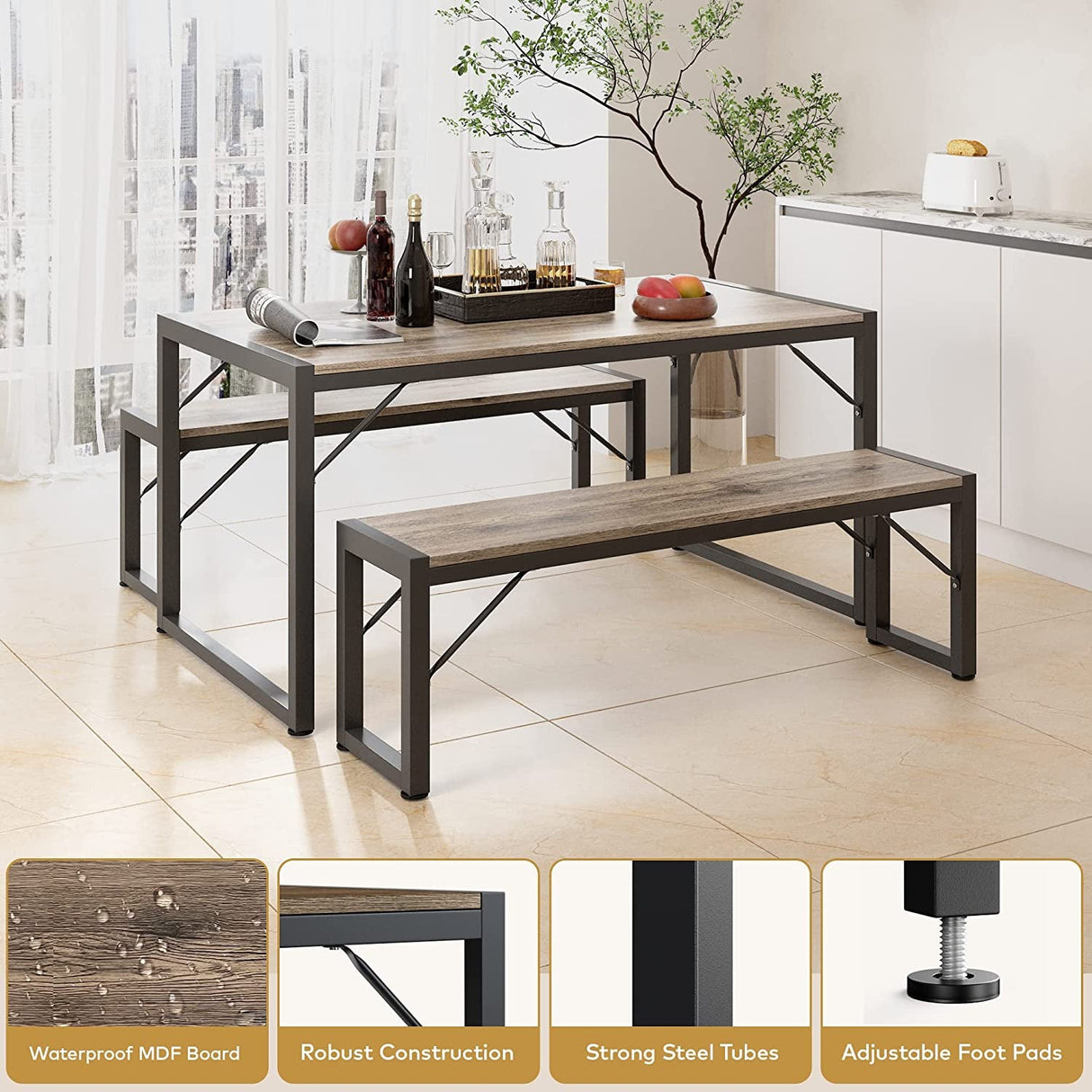 Dining Table Set for 4 with 2 Benches, Gray