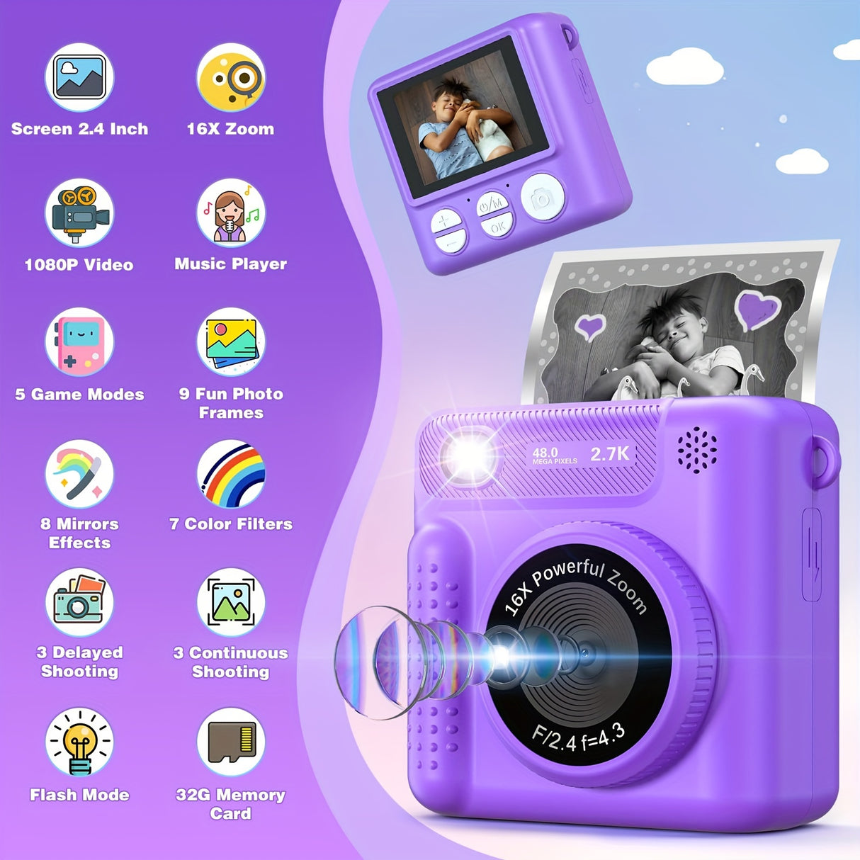 Kids Camera Instant Print, 12MP 1080P Digital Camera for Kids Age 3-12, Christmas Birthday Gifts for 4 5 6 7 8 9 10 Year Old Girls Boys, 32GB Toddler HD Video Camera Print Photos Portable Toy