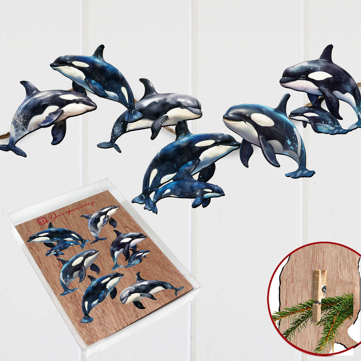 Juego de 6 adornos decorativos de madera con forma de orcas majestuosas, de G. Debrekht - Decoración de vida silvestre - 8090102C-S6