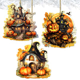 Spooky Houses Decorative Wooden Ornaments of 3 by G. Debrekht - Halloween Decor - 8091007-S3