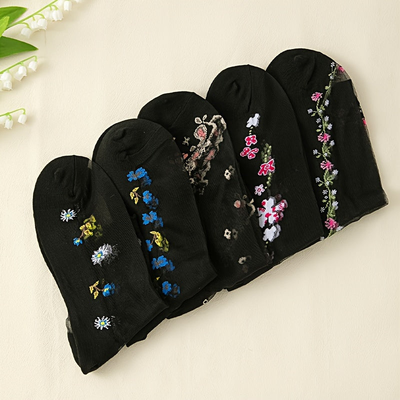 10-Pack Floral Glass Silk Women's Socks - Breathable, Durable & Luxurious, Perfect for Everyday Elegance