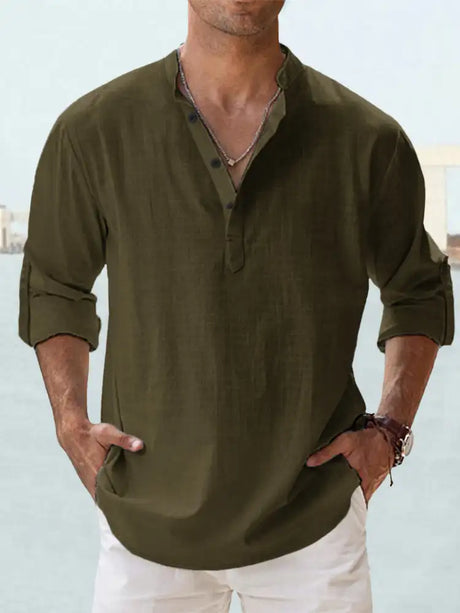Men's Linen Stand-up Collar Long Sleeve T-shirt Loose Undershirt - Lootquake