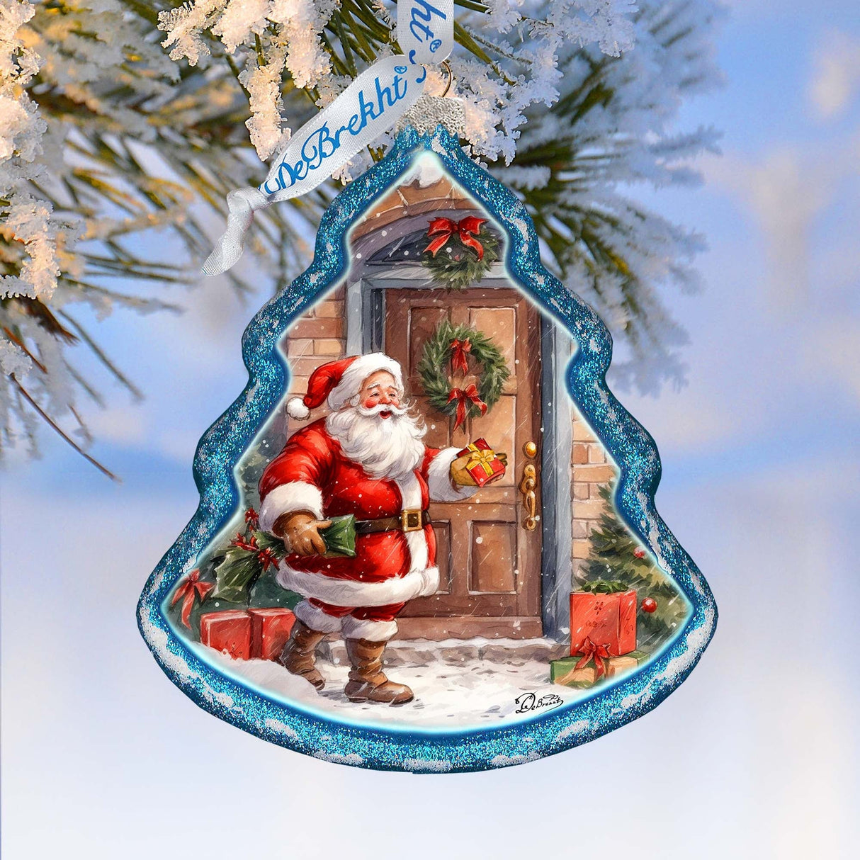 Adorno de vidrio para árbol de Navidad con Papá Noel llamando a la puerta, de G. Debrekht - Decoración navideña con muñeco de nieve de Papá Noel - 762-030