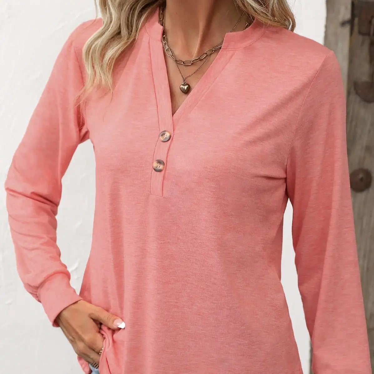 Ladies' Fashion New Button Peach Red Open Neck T-shirt Casual Top - Lootquake