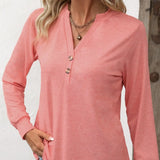 Ladies' Fashion New Button Peach Red Open Neck T-shirt Casual Top - Lootquake