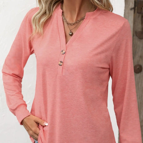 Ladies' Fashion New Button Peach Red Open Neck T-shirt Casual Top - Lootquake