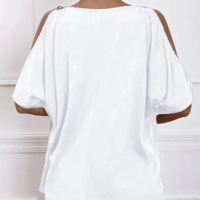 Ladies' Solid Color Cold Shoulder Hanging Neck O-ring Detail T-shirt - Lootquake