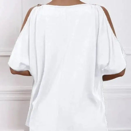 Ladies' Solid Color Cold Shoulder Hanging Neck O-ring Detail T-shirt - Lootquake