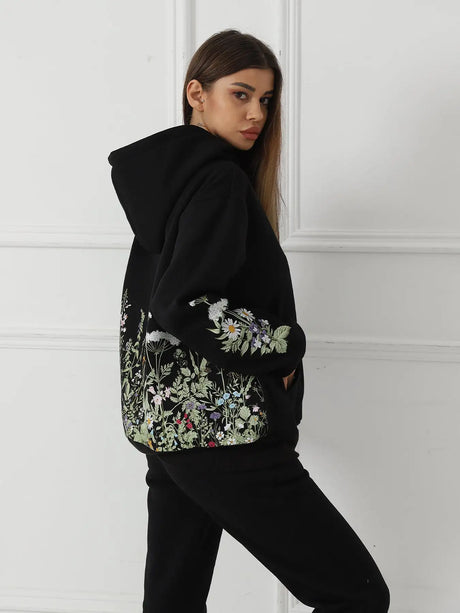 Women's Solid Color Floral Long Sleeved Sweatshirt - Lootquake