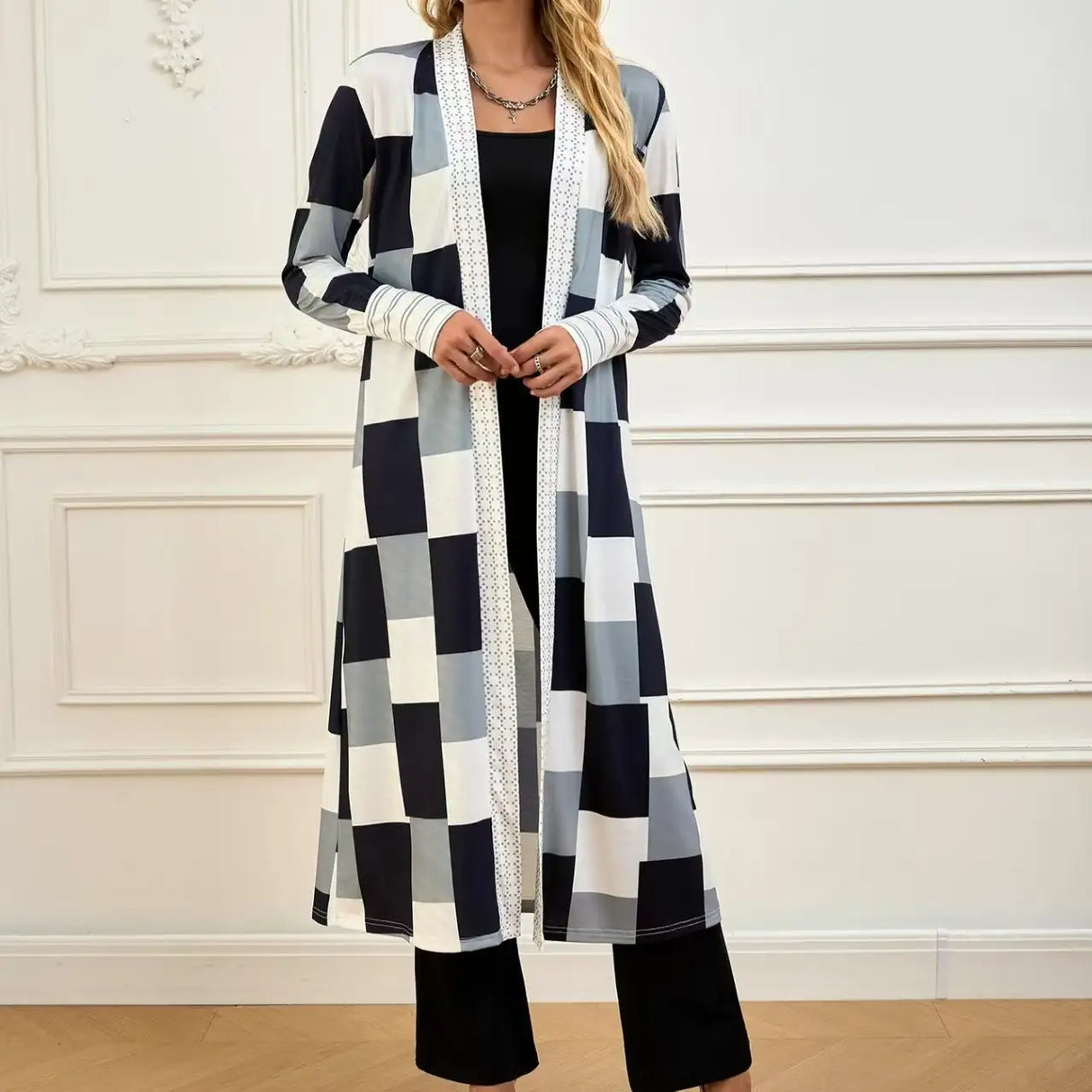 Women's Jacket Color Block Long Outer Sleeve Cardigan Casual Coat Open Front Coat Black - Lootquake