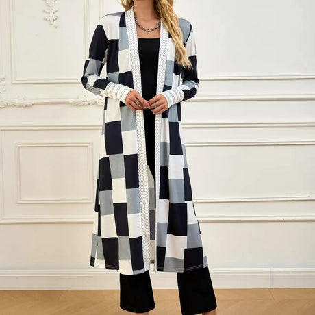 Women's Jacket Color Block Long Outer Sleeve Cardigan Casual Coat Open Front Coat Black - Lootquake