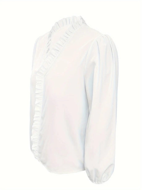 Pure Color Ruffle Hemline Shirt, Casual V-neck Long Sleeve Shirt. - Lootquake