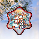 Cheerful Snowmen Snowflake Glass Ornament by G. Debrekht - Christmas Santa Snowman Decor - 754-046