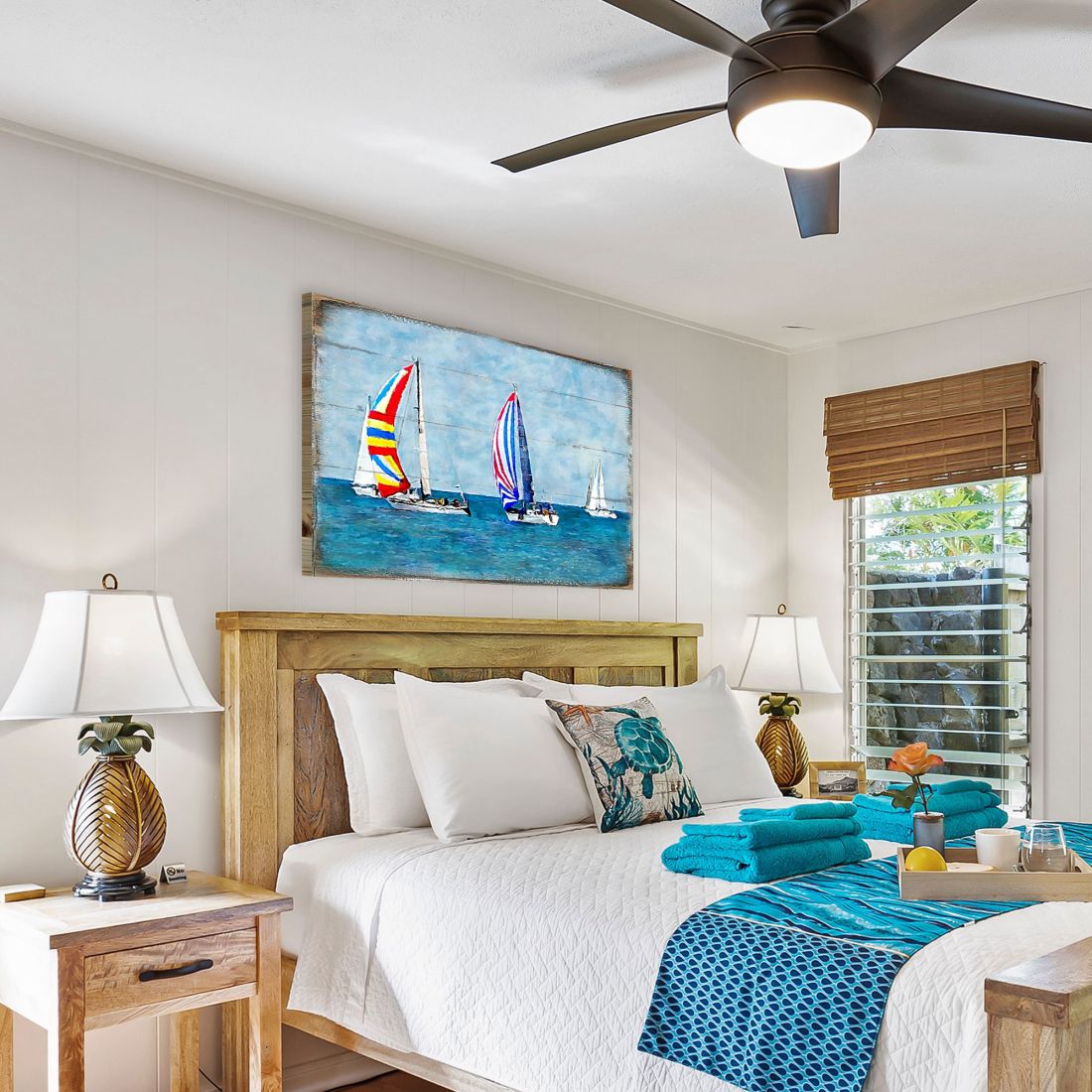 Arte mural costero de madera con veleros Ahlers de Nature Wonders - Decoración costera de vida marina - 95259B