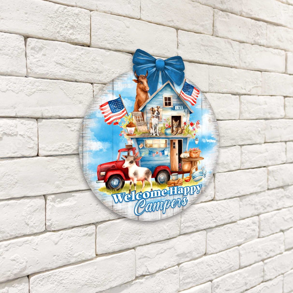 Letrero de bienvenida para campistas felices Letrero de bienvenida para puerta de entrada Pancarta de entrada principal Letrero de bienvenida - Decoración de porche delantero de madera - 933114H