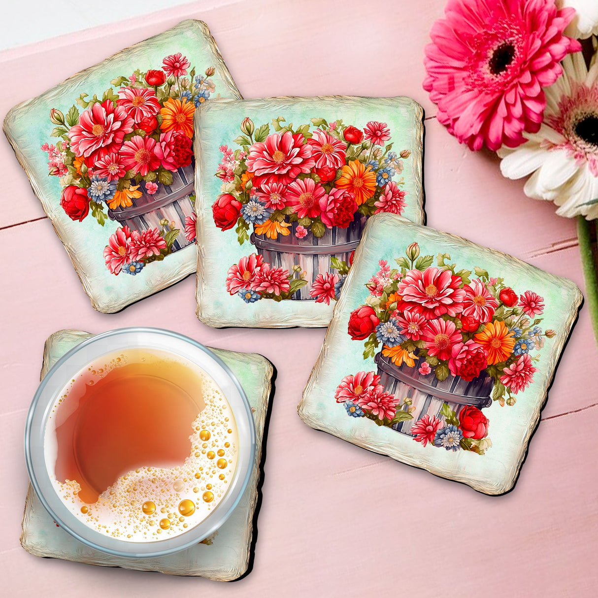 Flowers in the Basket Wooden Cork Coasters Gift Set of 4 by Nature Wonders - Nature Wildlife Decor - 95405C-S4