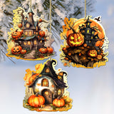 Spooky Houses Decorative Wooden Ornaments of 3 by G. Debrekht - Halloween Decor - 8091007-S3