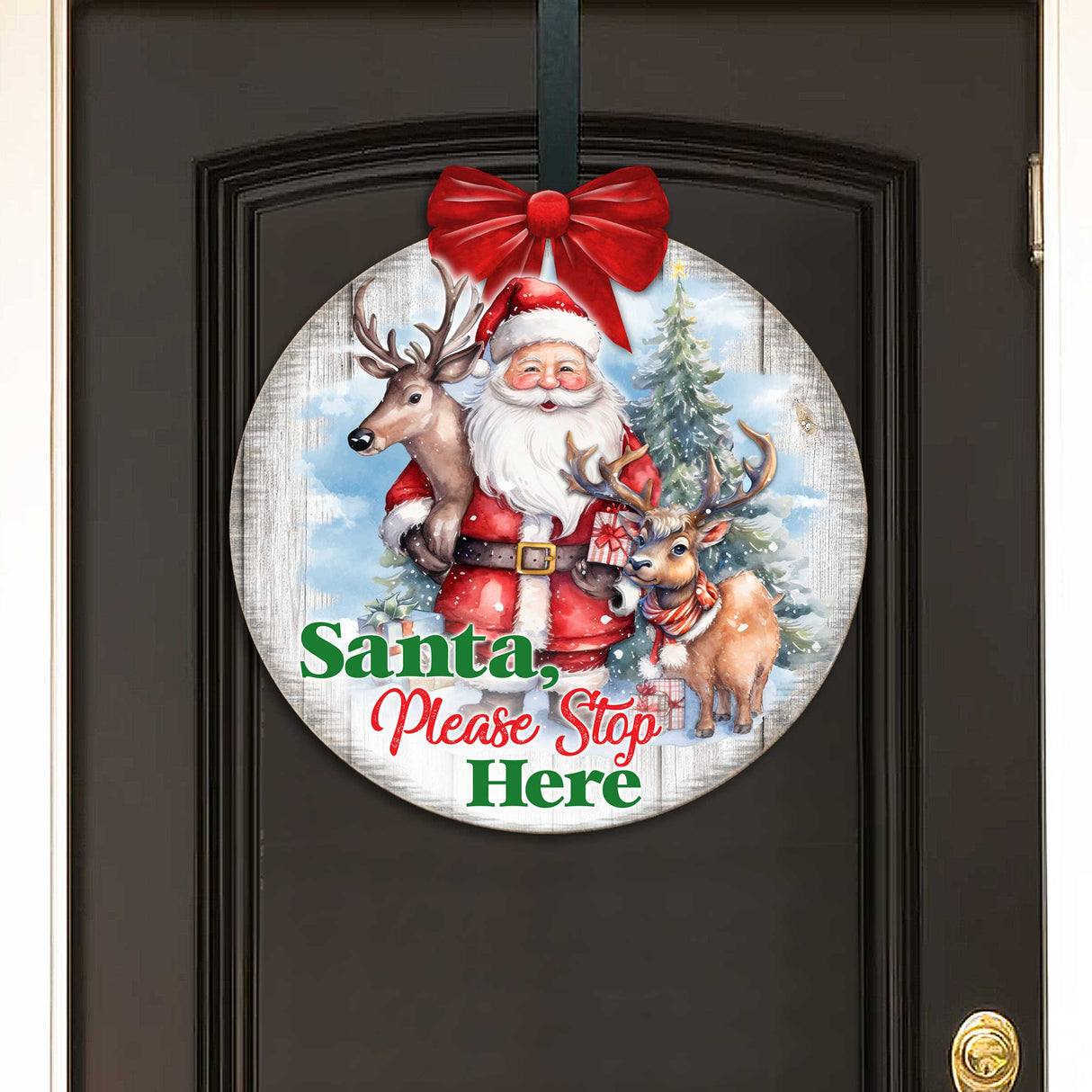 Letrero de Papá Noel, por favor, deténgase aquí. Letrero de bienvenida para la puerta principal. Pancarta de entrada principal. Letrero de bienvenida - Decoración de porche delantero de madera - 933116H