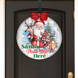 Letrero de Papá Noel, por favor, deténgase aquí. Letrero de bienvenida para la puerta principal. Pancarta de entrada principal. Letrero de bienvenida - Decoración de porche delantero de madera - 933116H