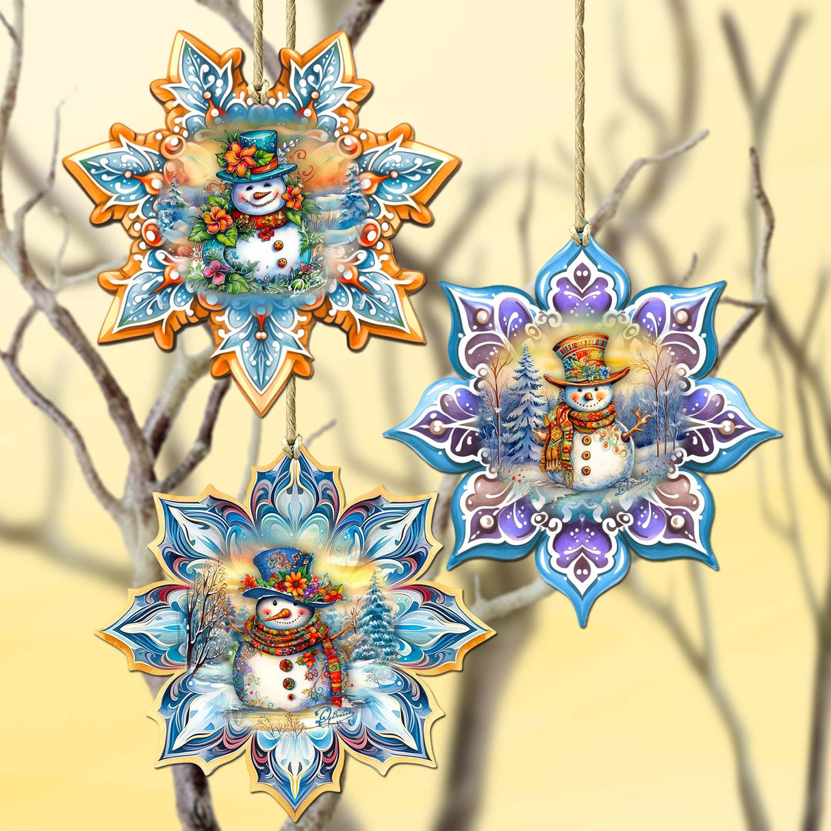 Happy Snowman Snowflake Wooden Ornaments Set of 3 by G. Debrekht - Christmas Decor - 8090149-S3