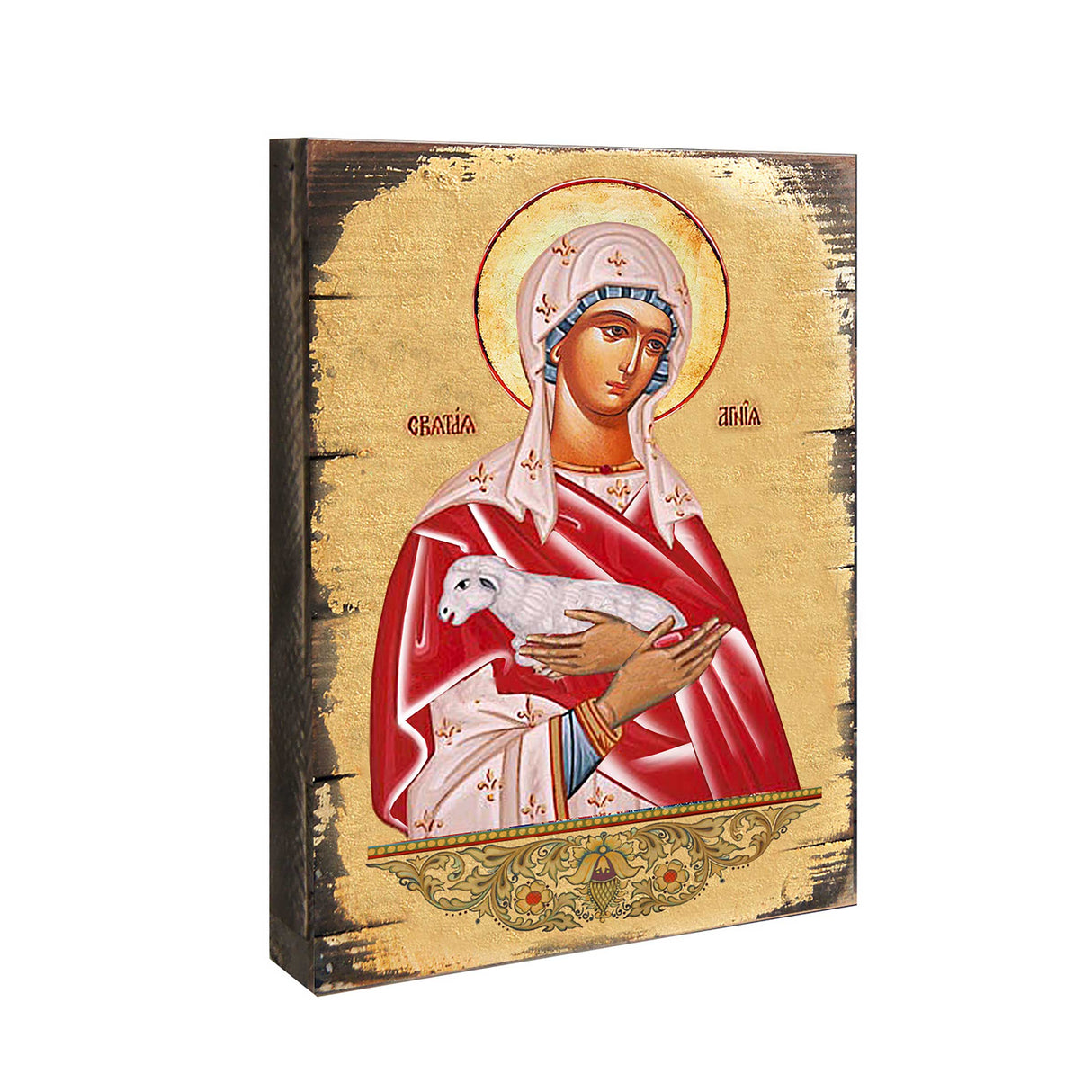 Icono religioso cristiano sagrado de Santa Agnia, de madera bañada en oro - Decoración inspiradora - 85025