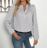 Women's Solid Color V-neck Striped Fashionable Versatile Shirt Top - Lootquake